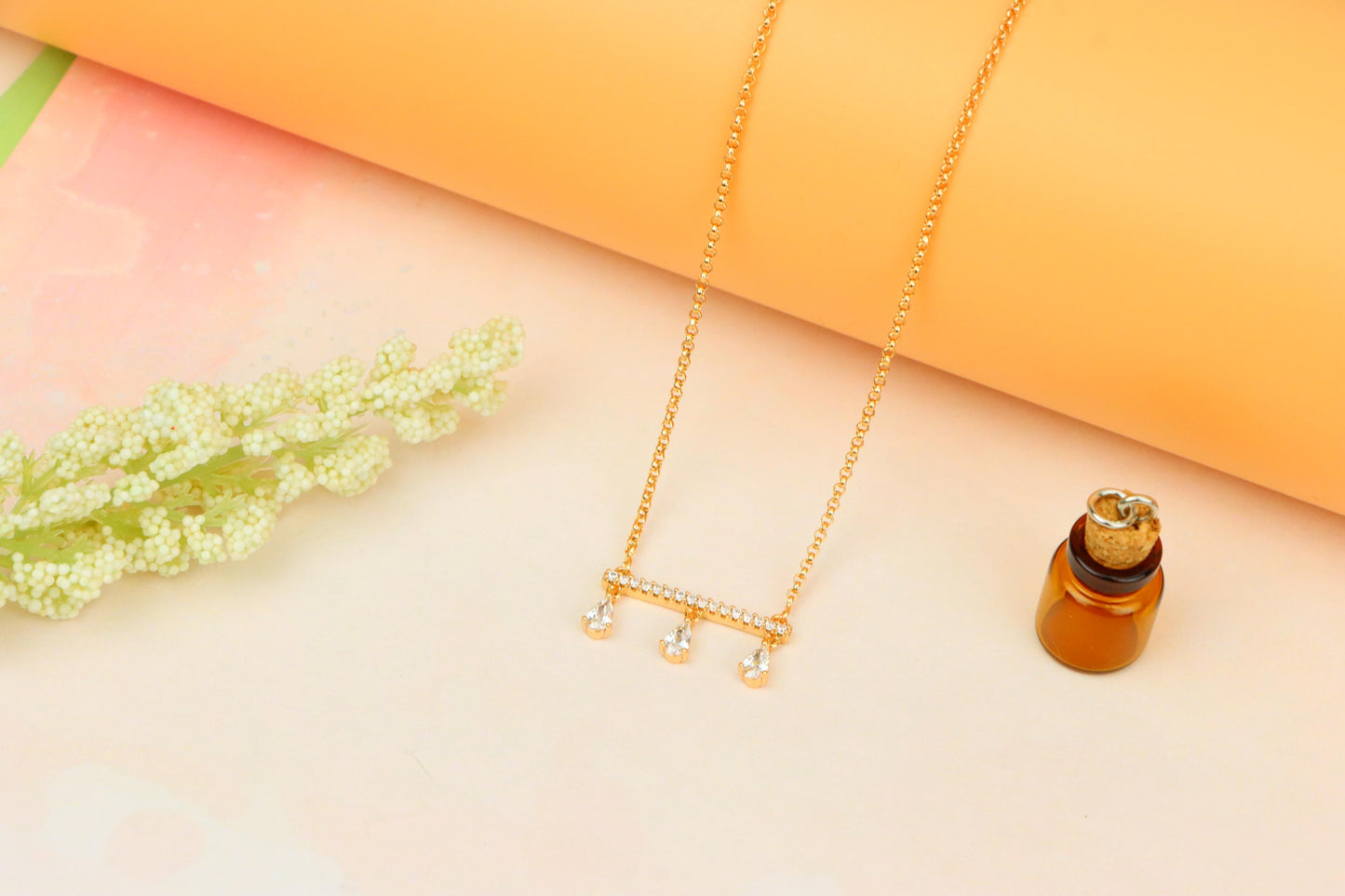 Elegant Rose Gold Necklace with Three Dangling Teardrop Charms, XPNL1878 (2159-1)