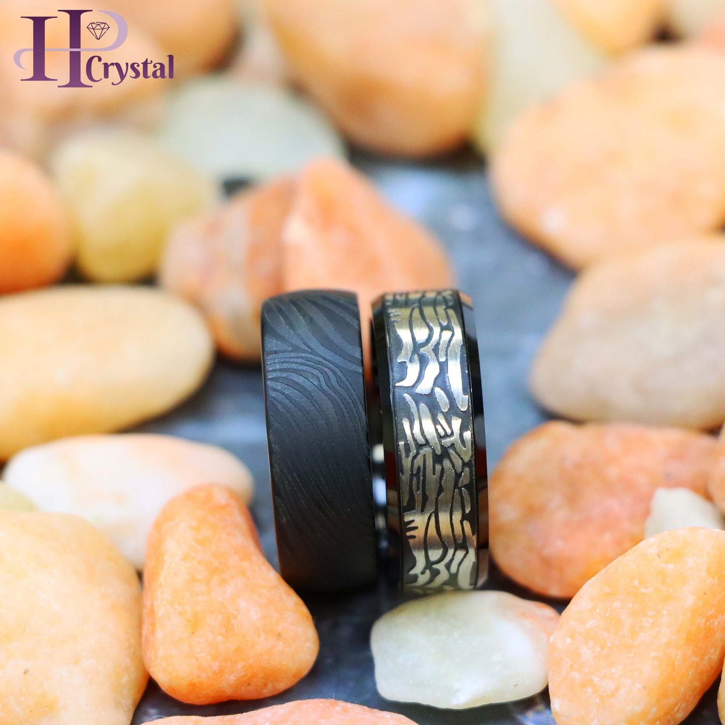 Black IP Plated Semi-Dome Laser Carved Mokume Gane Effect/Laser Carved Rock Art Pattern Tungsten Ring (MARET603)