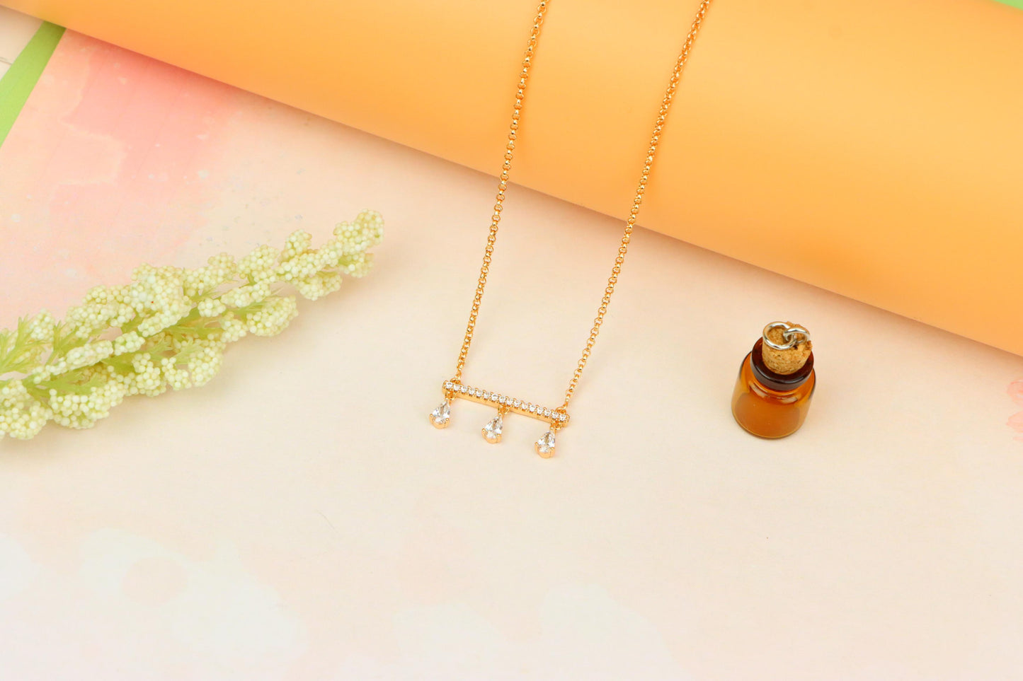 Elegant Rose Gold Necklace with Three Dangling Teardrop Charms, XPNL1878 (2159-1)