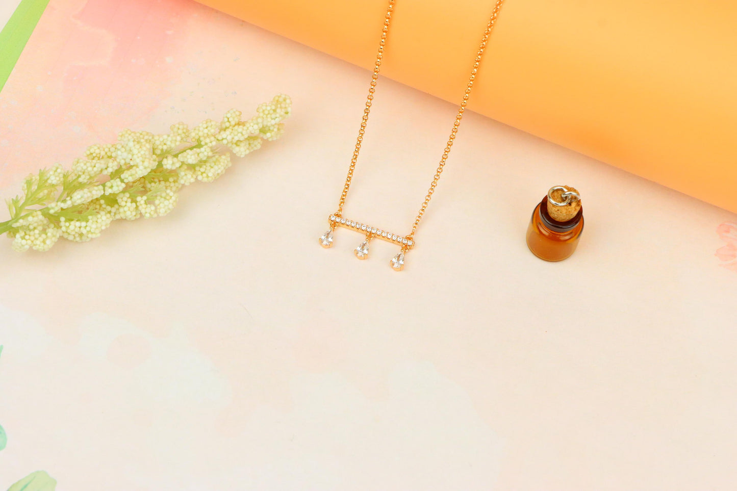 Elegant Rose Gold Necklace with Three Dangling Teardrop Charms, XPNL1878 (2159-1)