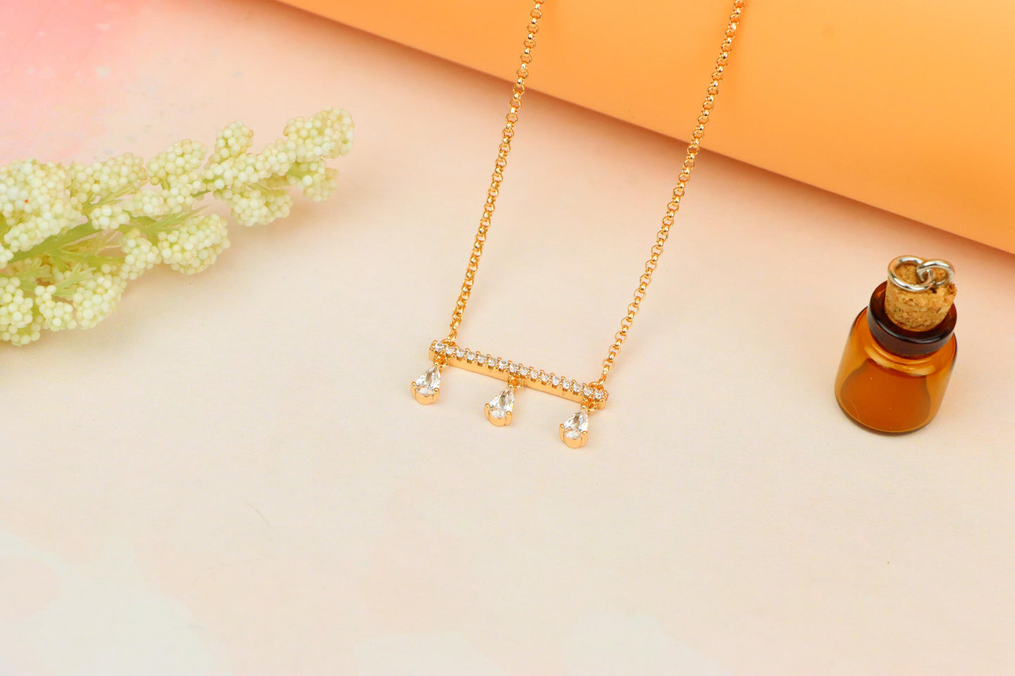 Elegant Rose Gold Necklace with Three Dangling Teardrop Charms, XPNL1878 (2159-1)