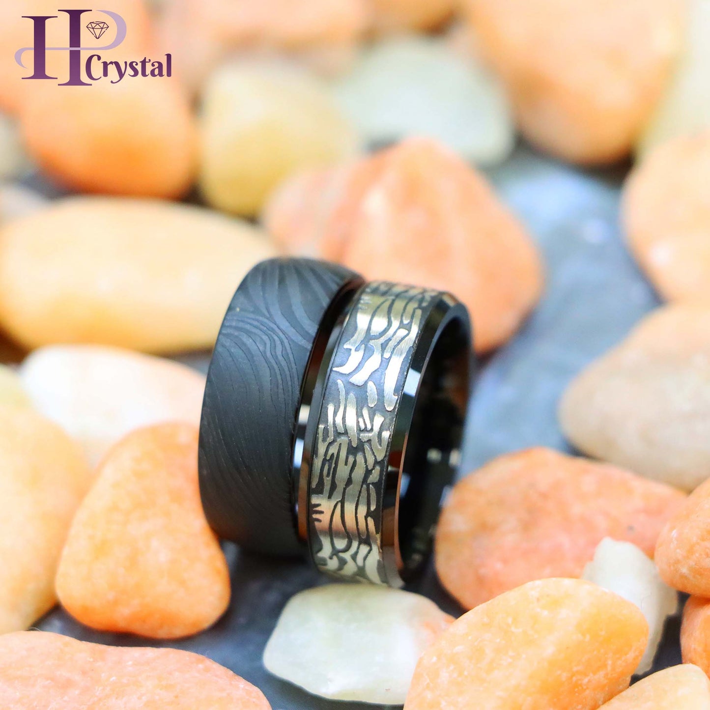 Black IP Plated Semi-Dome Laser Carved Mokume Gane Effect/Laser Carved Rock Art Pattern Tungsten Ring (MARET603)