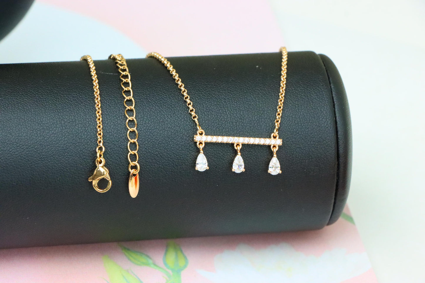 Elegant Rose Gold Necklace with Three Dangling Teardrop Charms, XPNL1878 (2159-1)
