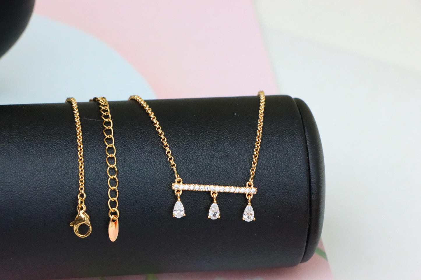 Elegant Rose Gold Necklace with Three Dangling Teardrop Charms, XPNL1878 (2159-1)