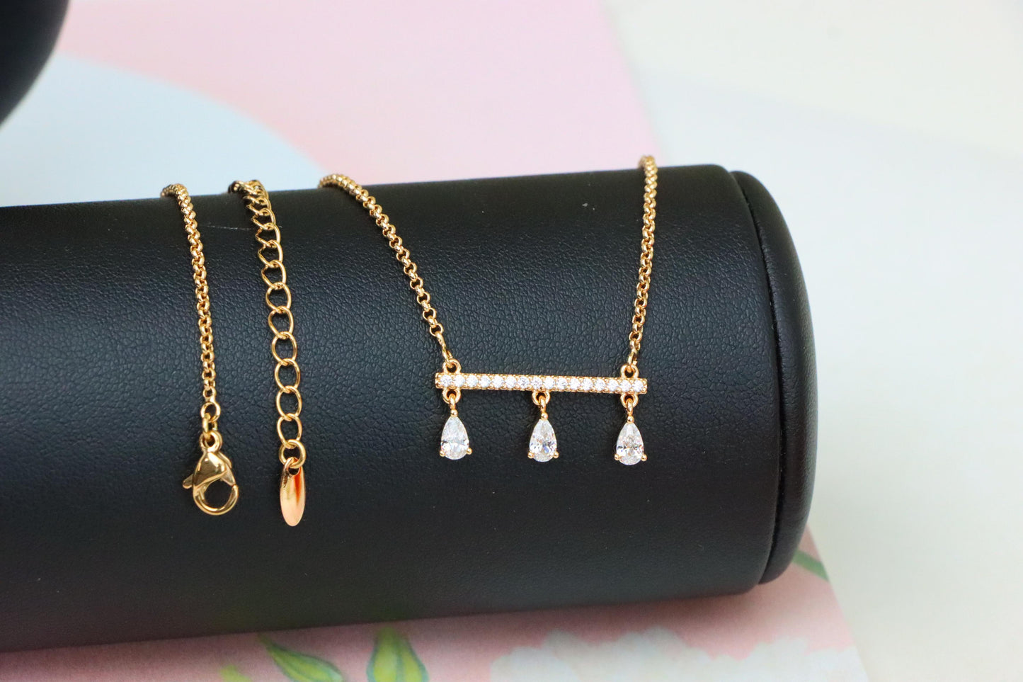 Elegant Rose Gold Necklace with Three Dangling Teardrop Charms, XPNL1878 (2159-1)