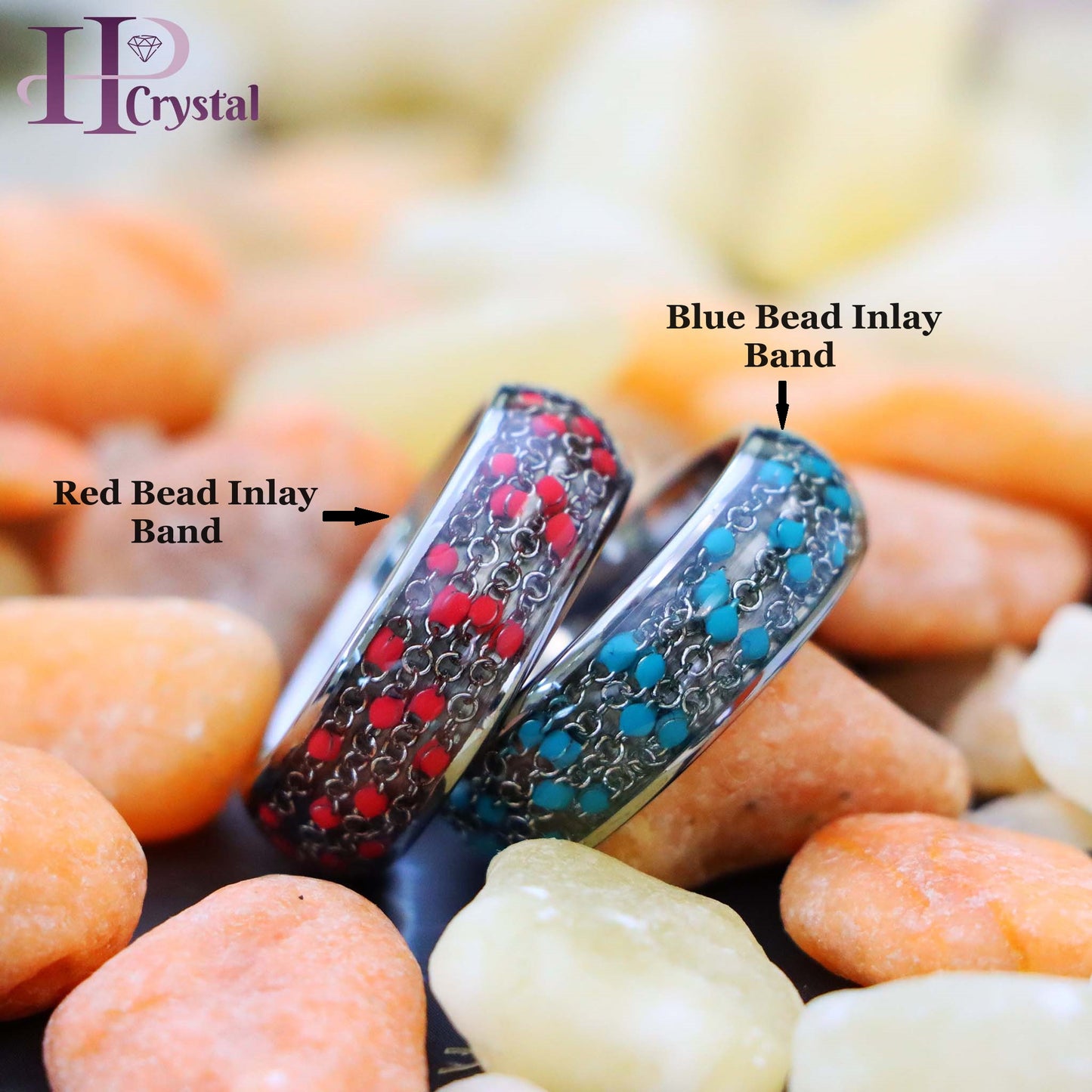 Men’s Black Tungsten Ring – Dome Ring Cable Chain & Blue/Red Bead Inlay Band (MARET1061)
