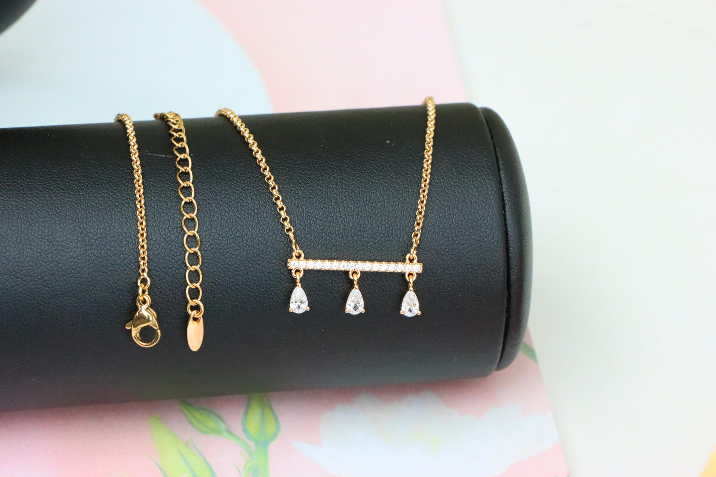 Elegant Rose Gold Necklace with Three Dangling Teardrop Charms, XPNL1878 (2159-1)