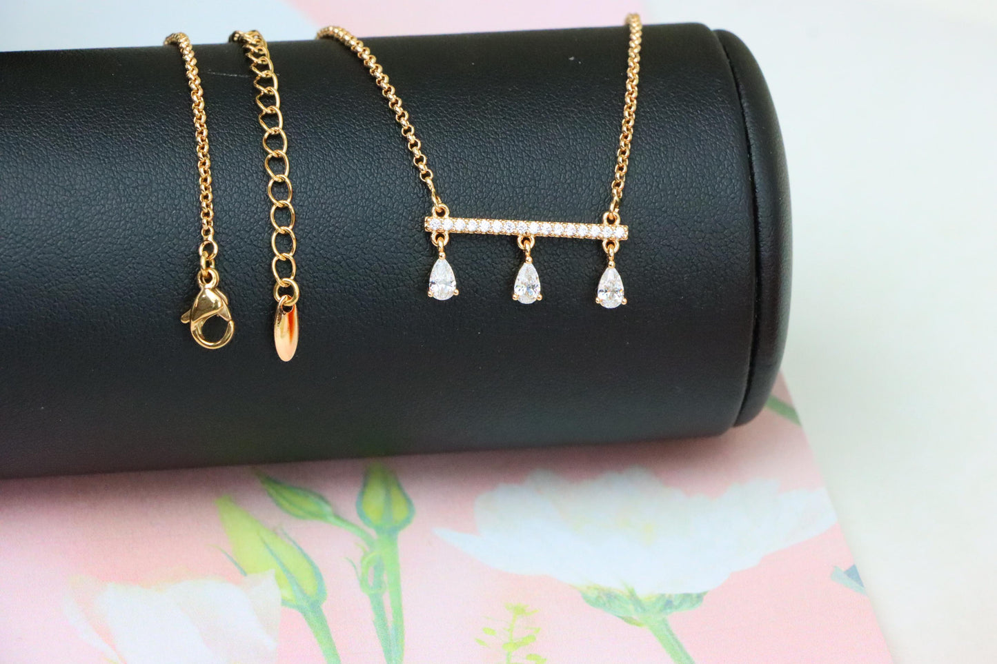 Elegant Rose Gold Necklace with Three Dangling Teardrop Charms, XPNL1878 (2159-1)