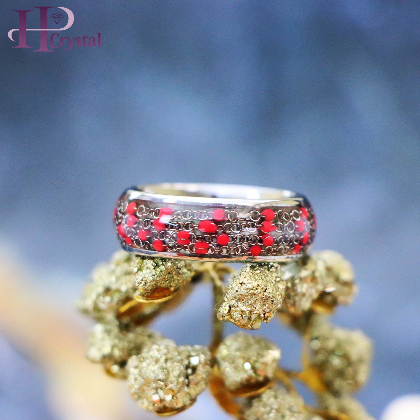 Men’s Black Tungsten Ring – Dome Ring Cable Chain & Blue/Red Bead Inlay Band (MARET1061)