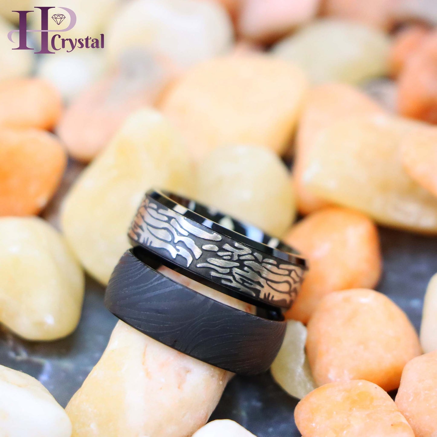 Black IP Plated Semi-Dome Laser Carved Mokume Gane Effect/Laser Carved Rock Art Pattern Tungsten Ring (MARET603)