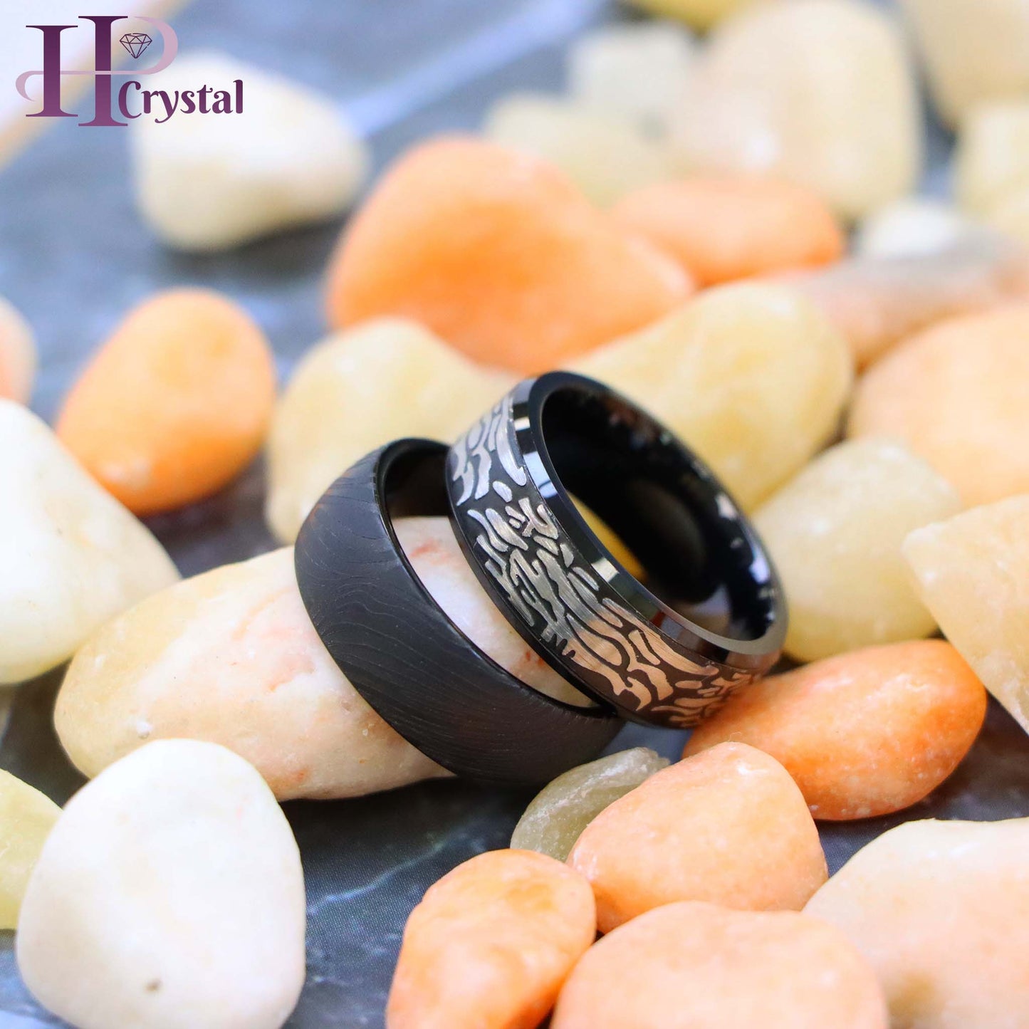 Black IP Plated Semi-Dome Laser Carved Mokume Gane Effect/Laser Carved Rock Art Pattern Tungsten Ring (MARET603)