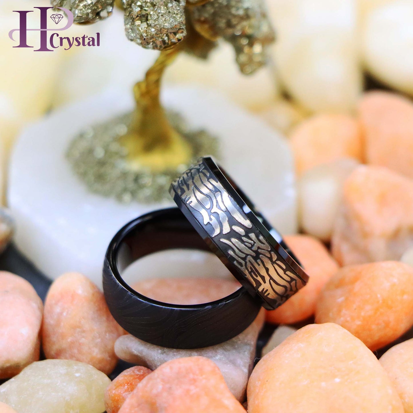 Black IP Plated Semi-Dome Laser Carved Mokume Gane Effect/Laser Carved Rock Art Pattern Tungsten Ring (MARET603)