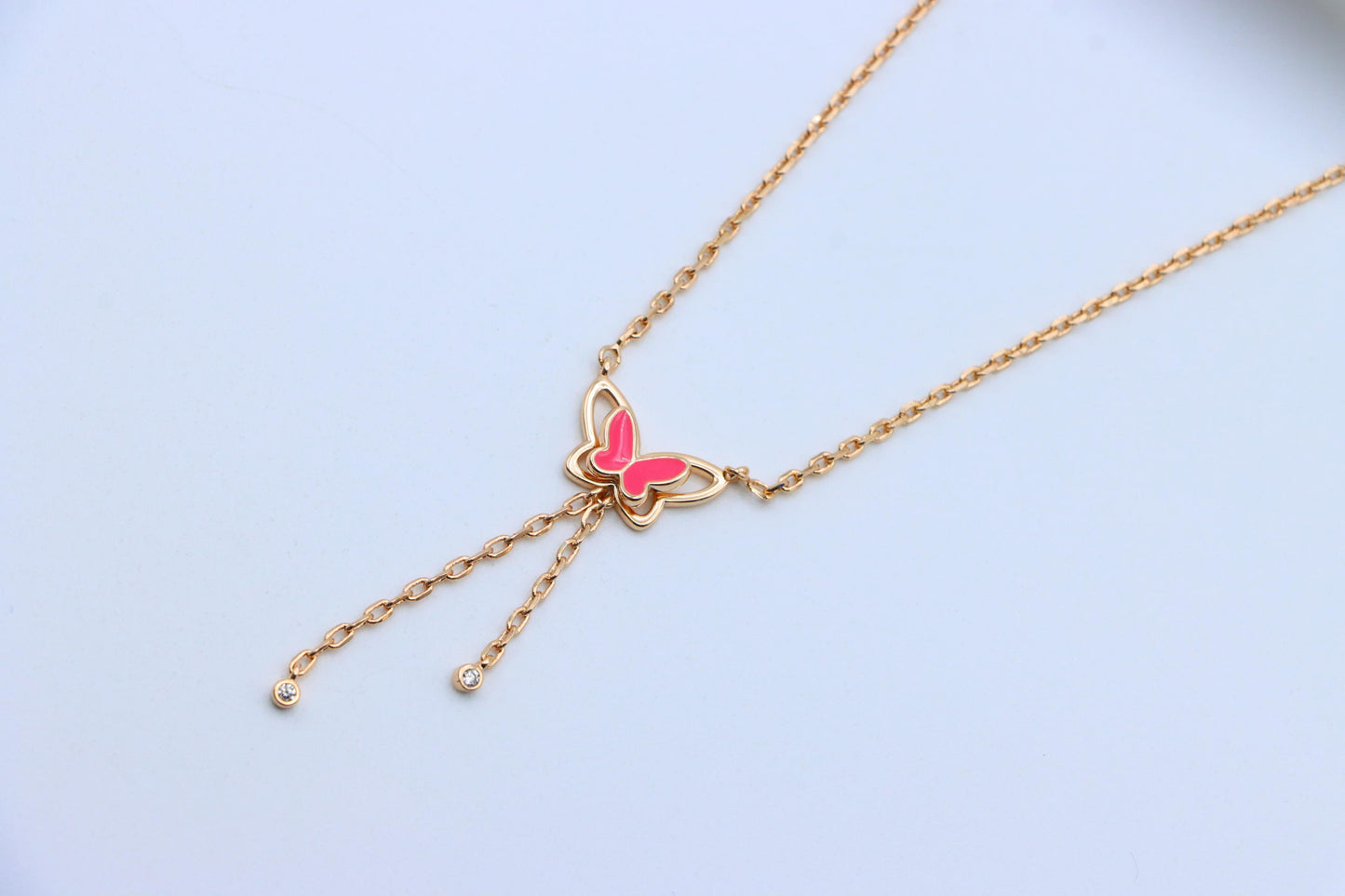 Rose Gold Butterfly Pendant Necklace with Pink Enamel Charm Accent, XPNL1880 (2159-3)