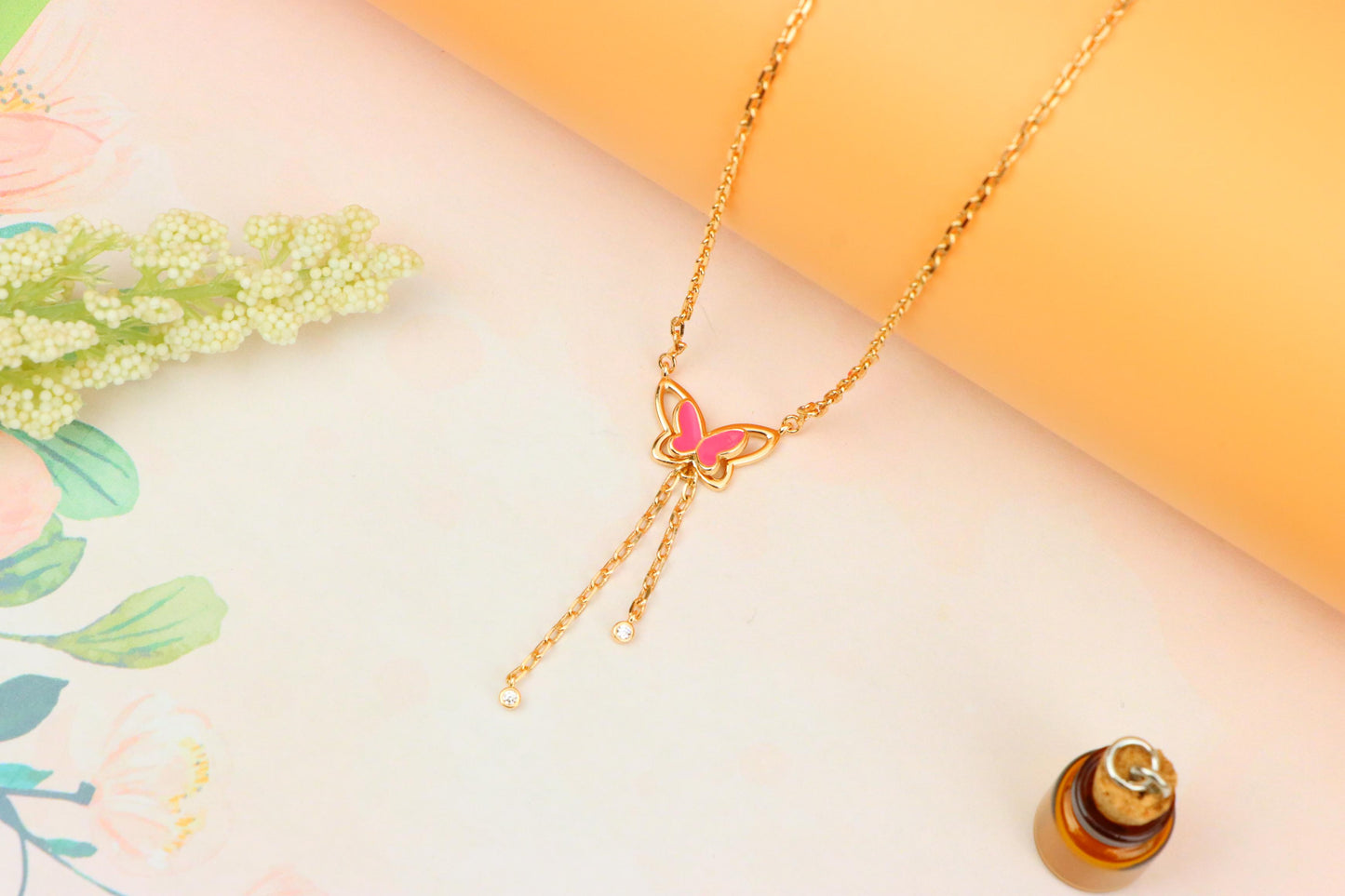Rose Gold Butterfly Pendant Necklace with Pink Enamel Charm Accent, XPNL1880 (2159-3)
