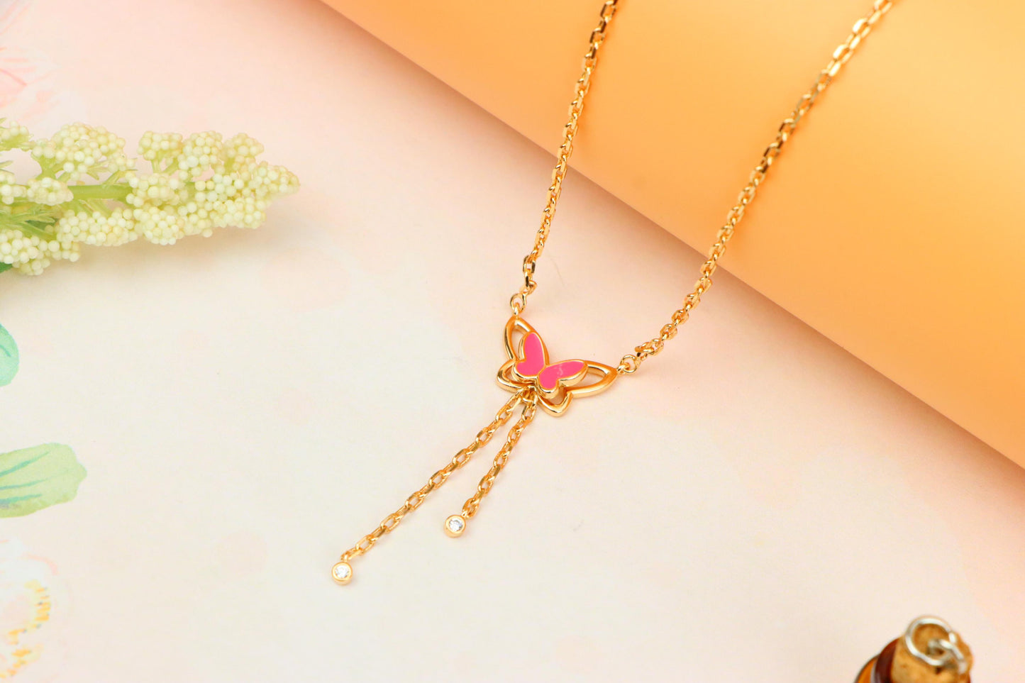 Rose Gold Butterfly Pendant Necklace with Pink Enamel Charm Accent, XPNL1880 (2159-3)