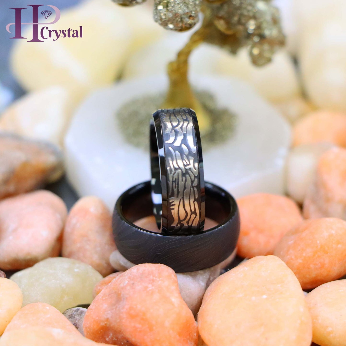 Black IP Plated Semi-Dome Laser Carved Mokume Gane Effect/Laser Carved Rock Art Pattern Tungsten Ring (MARET603)