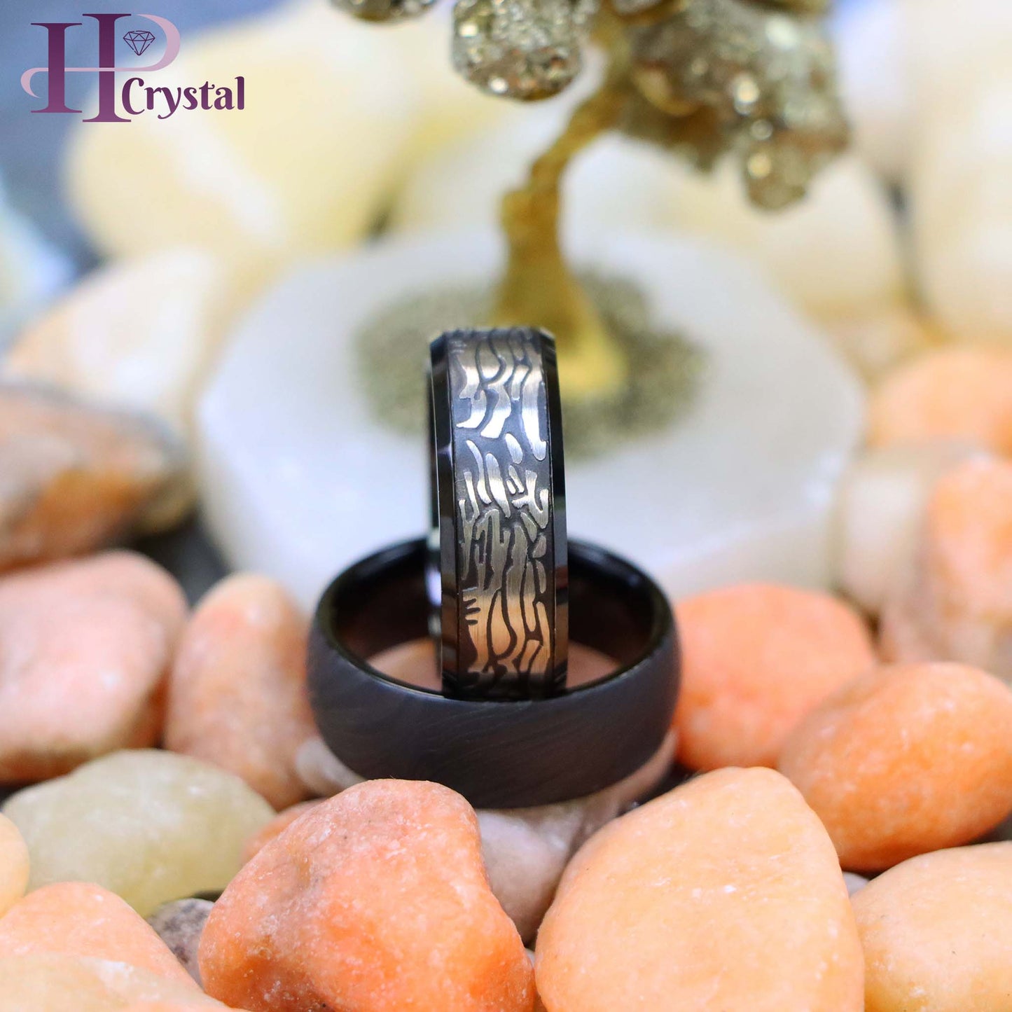 Black IP Plated Semi-Dome Laser Carved Mokume Gane Effect/Laser Carved Rock Art Pattern Tungsten Ring (MARET603)