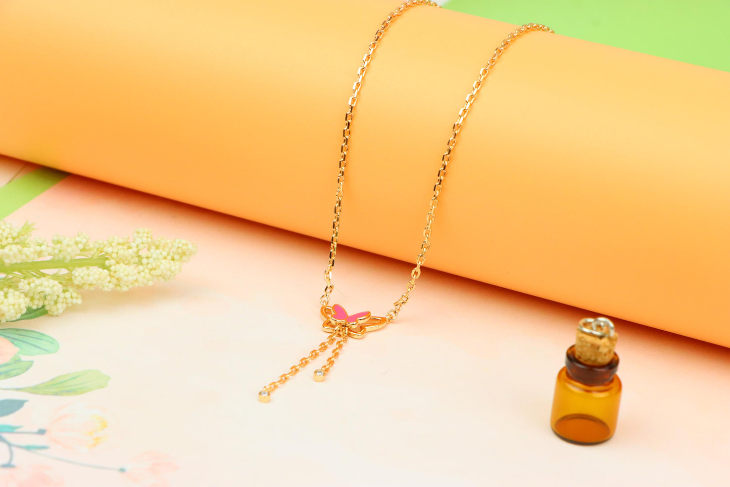 Rose Gold Butterfly Pendant Necklace with Pink Enamel Charm Accent, XPNL1880 (2159-3)