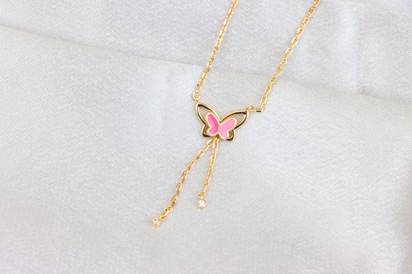 Rose Gold Butterfly Pendant Necklace with Pink Enamel Charm Accent, XPNL1880 (2159-3)