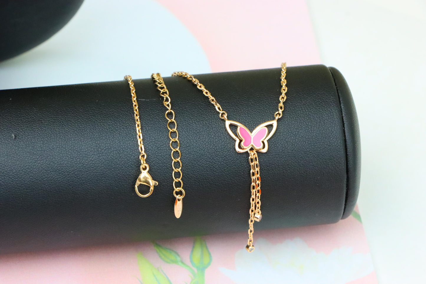 Rose Gold Butterfly Pendant Necklace with Pink Enamel Charm Accent, XPNL1880 (2159-3)