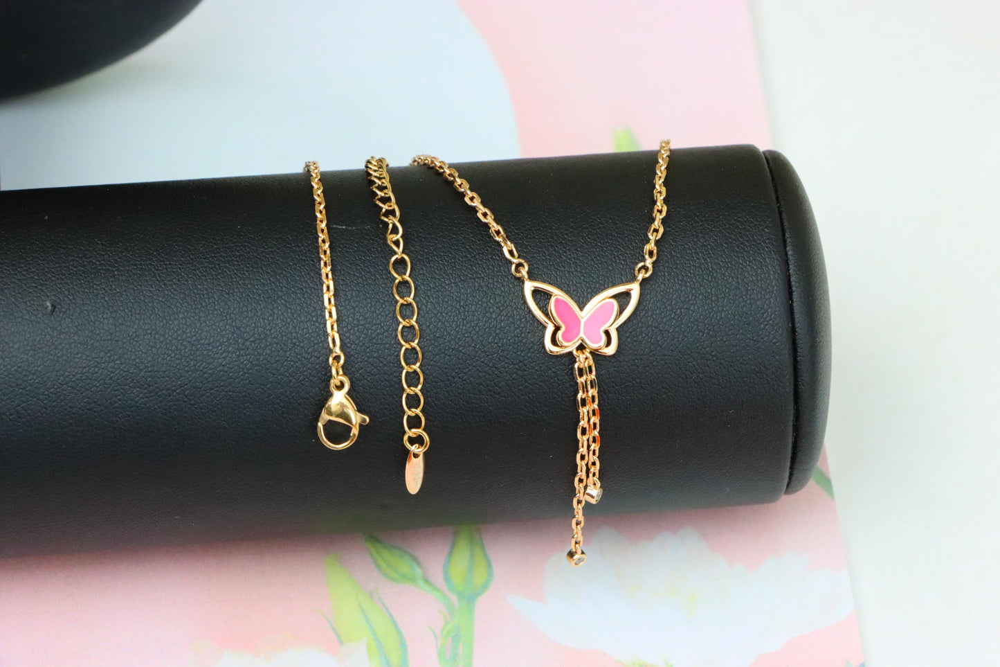 Rose Gold Butterfly Pendant Necklace with Pink Enamel Charm Accent, XPNL1880 (2159-3)