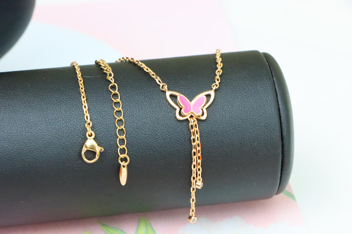 Rose Gold Butterfly Pendant Necklace with Pink Enamel Charm Accent, XPNL1880 (2159-3)