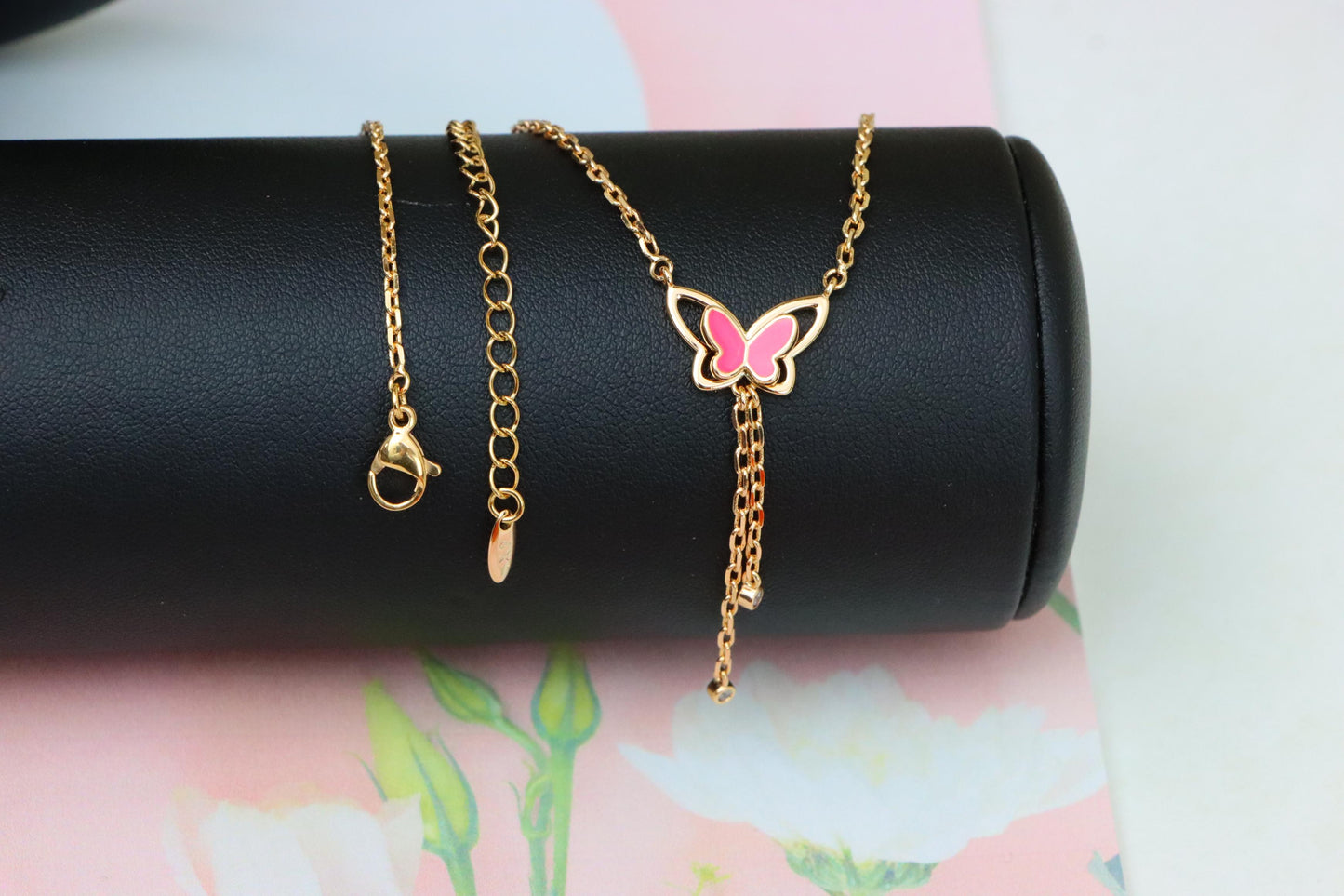 Rose Gold Butterfly Pendant Necklace with Pink Enamel Charm Accent, XPNL1880 (2159-3)