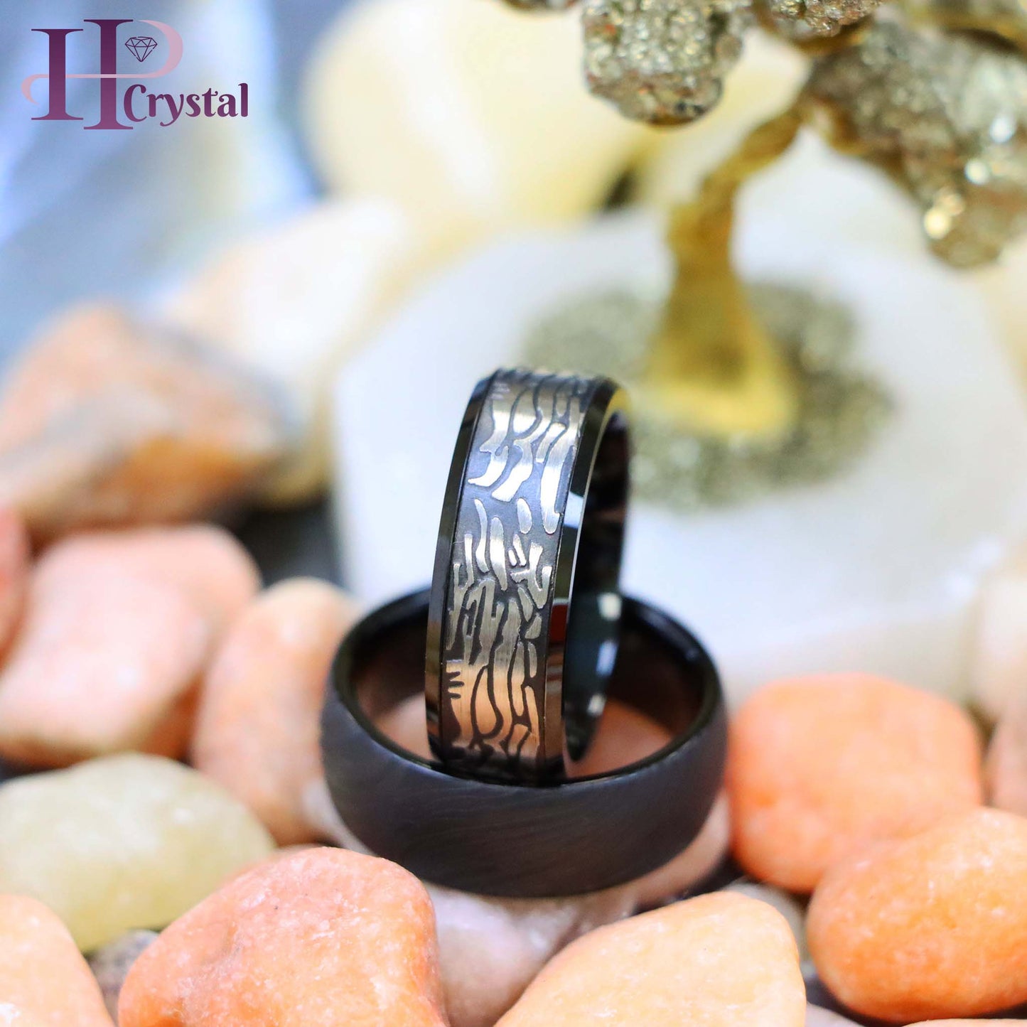 Black IP Plated Semi-Dome Laser Carved Mokume Gane Effect/Laser Carved Rock Art Pattern Tungsten Ring (MARET603)