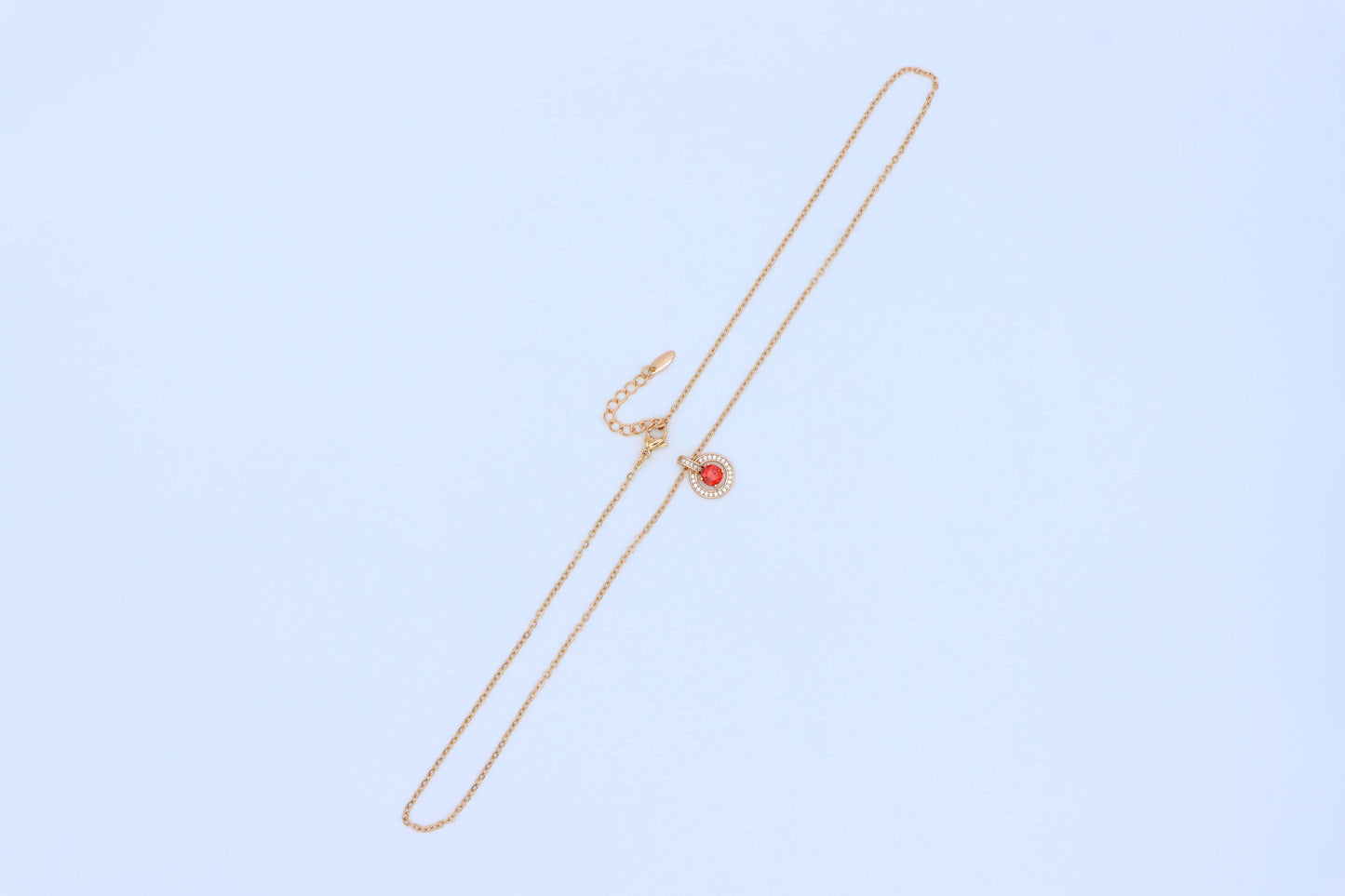 Rose Gold Circle Pendant Necklace with Red Center Stone Accent, XPNL1881 (2159-4)