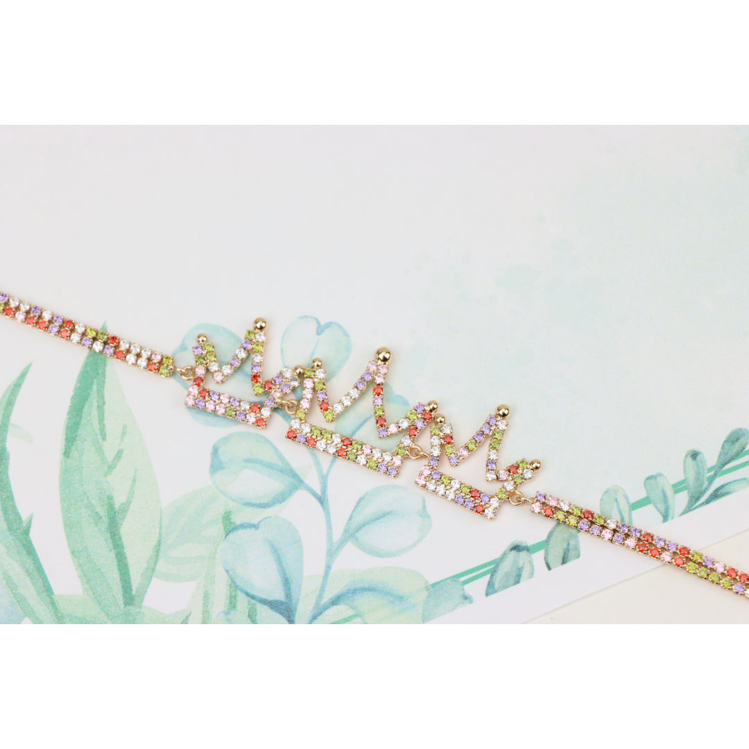 Crown Charm Rose Gold Bracelet with Multicolor CZ, Adjustable Fit, XPBL0737 (2074-6)