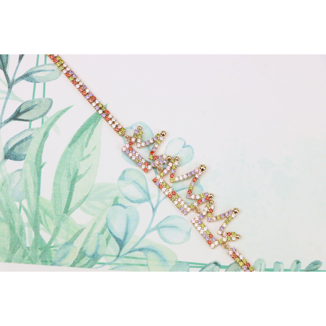 Crown Charm Rose Gold Bracelet with Multicolor CZ, Adjustable Fit, XPBL0737 (2074-6)