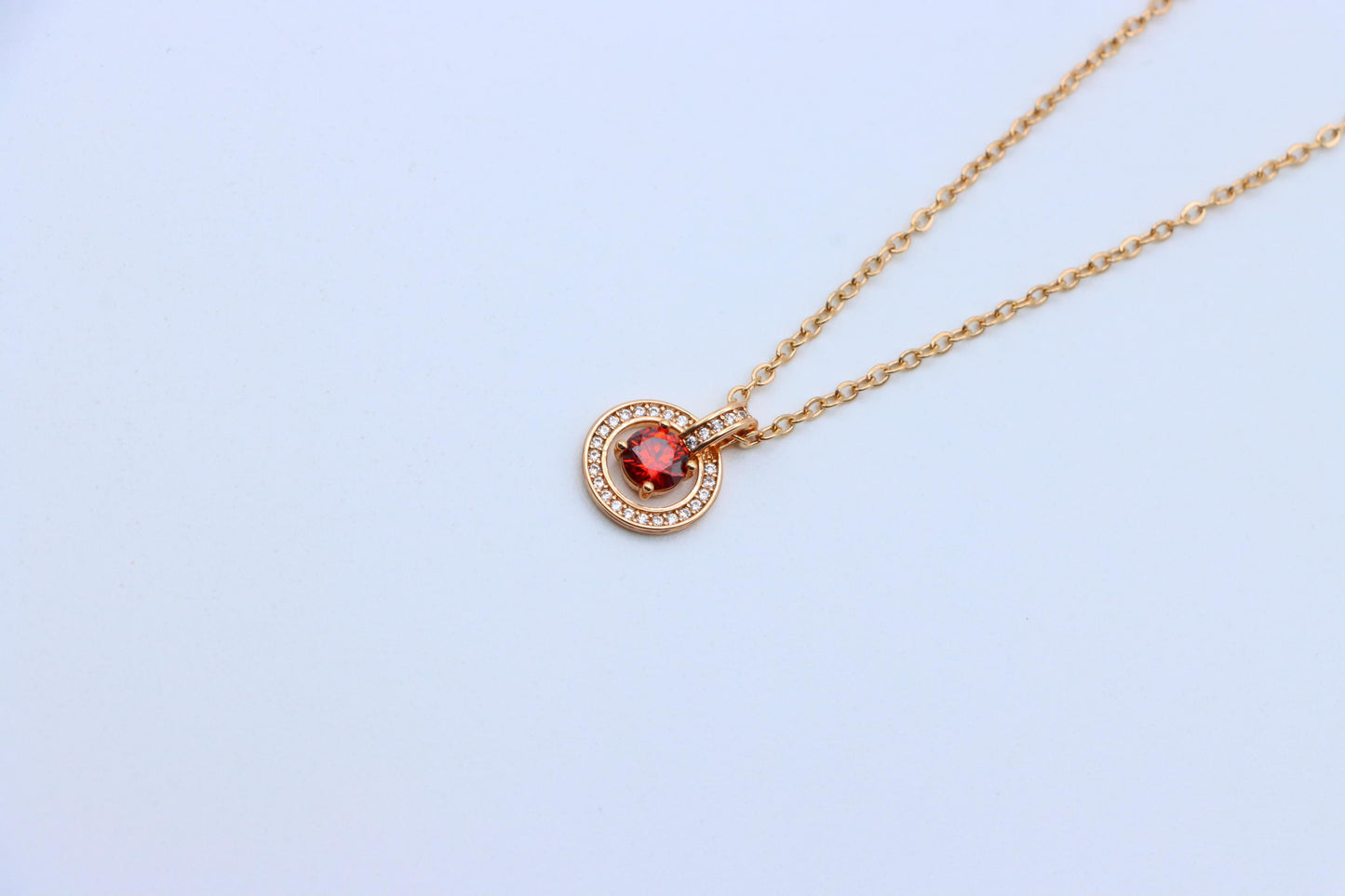 Rose Gold Circle Pendant Necklace with Red Center Stone Accent, XPNL1881 (2159-4)