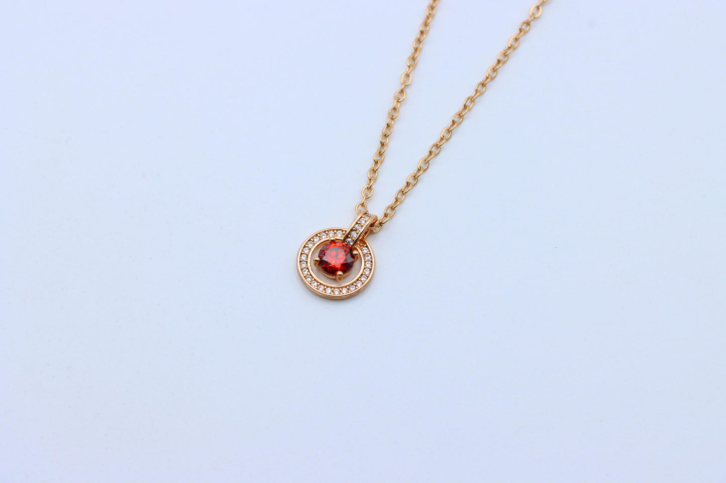Rose Gold Circle Pendant Necklace with Red Center Stone Accent, XPNL1881 (2159-4)