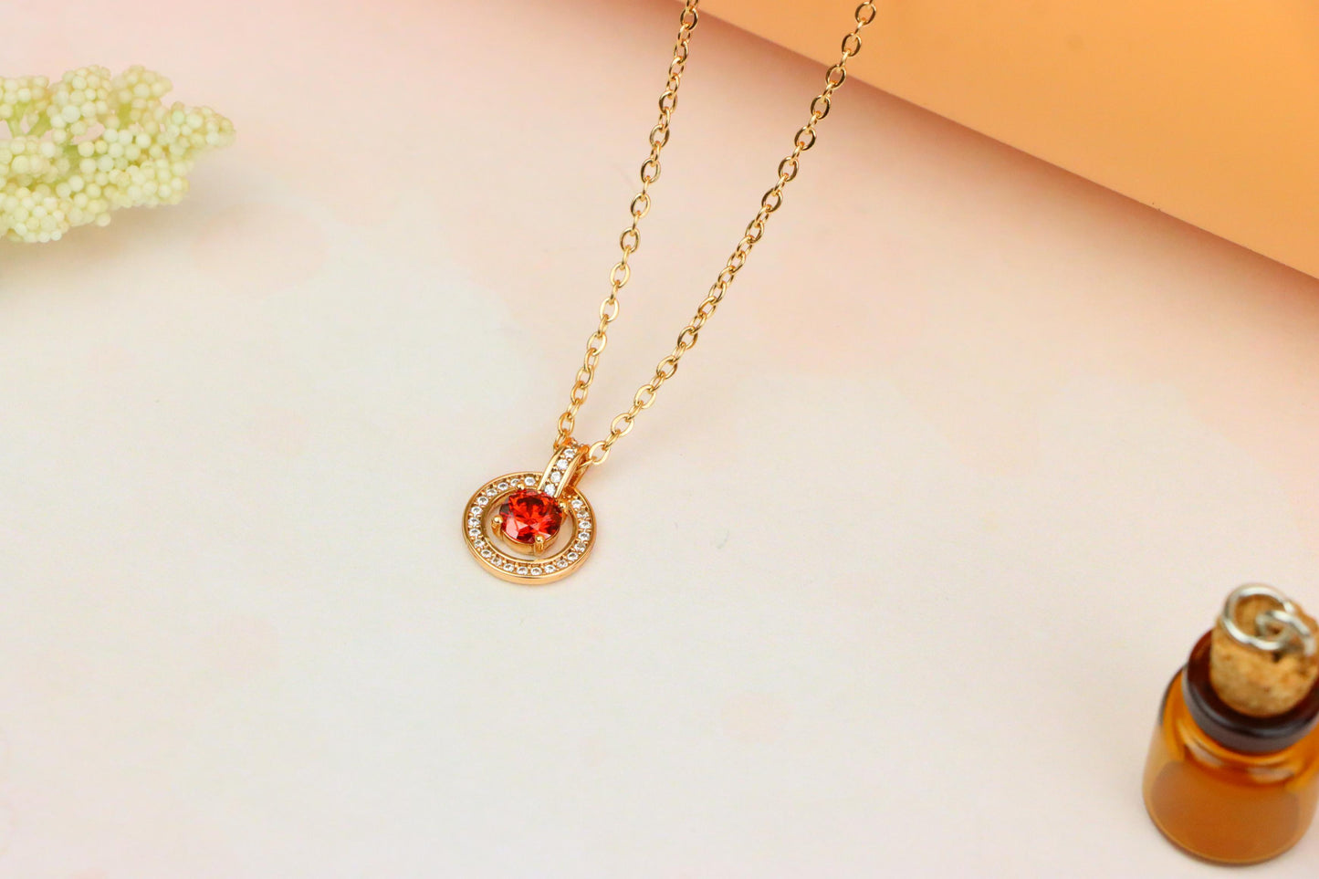 Rose Gold Circle Pendant Necklace with Red Center Stone Accent, XPNL1881 (2159-4)