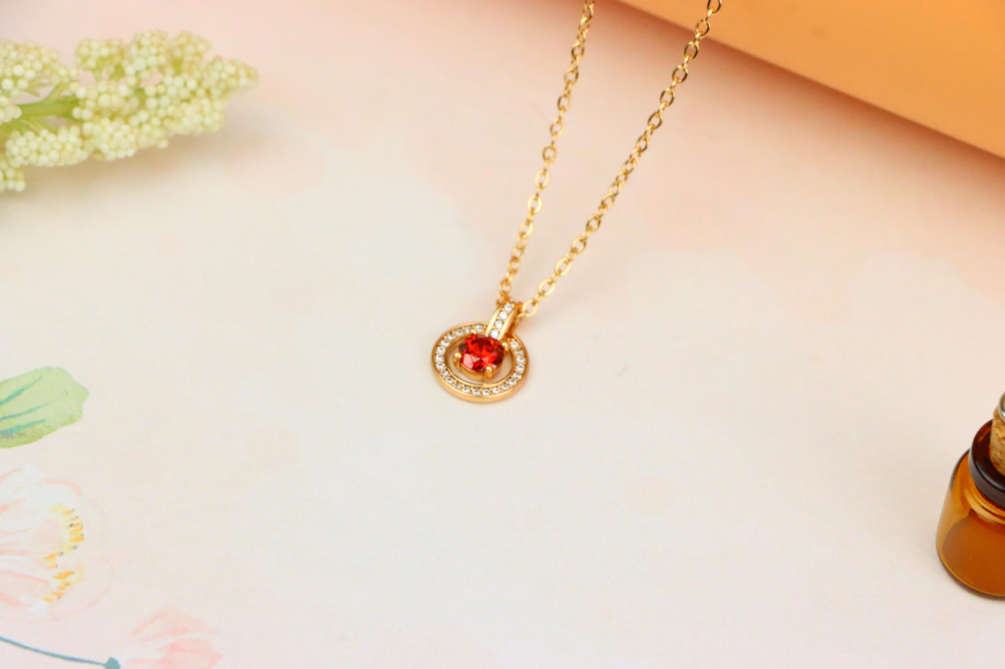 Rose Gold Circle Pendant Necklace with Red Center Stone Accent, XPNL1881 (2159-4)