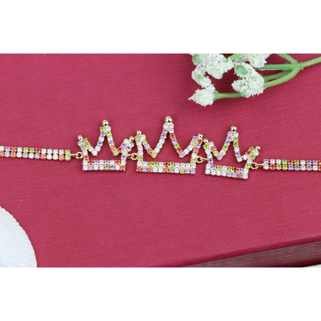 Crown Charm Rose Gold Bracelet with Multicolor CZ, Adjustable Fit, XPBL0737 (2074-6)