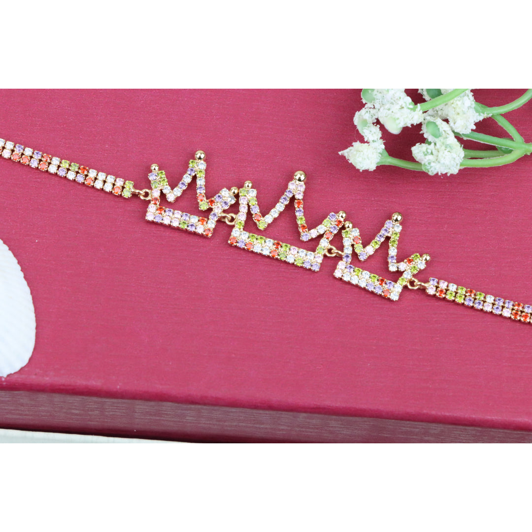 Crown Charm Rose Gold Bracelet with Multicolor CZ, Adjustable Fit, XPBL0737 (2074-6)