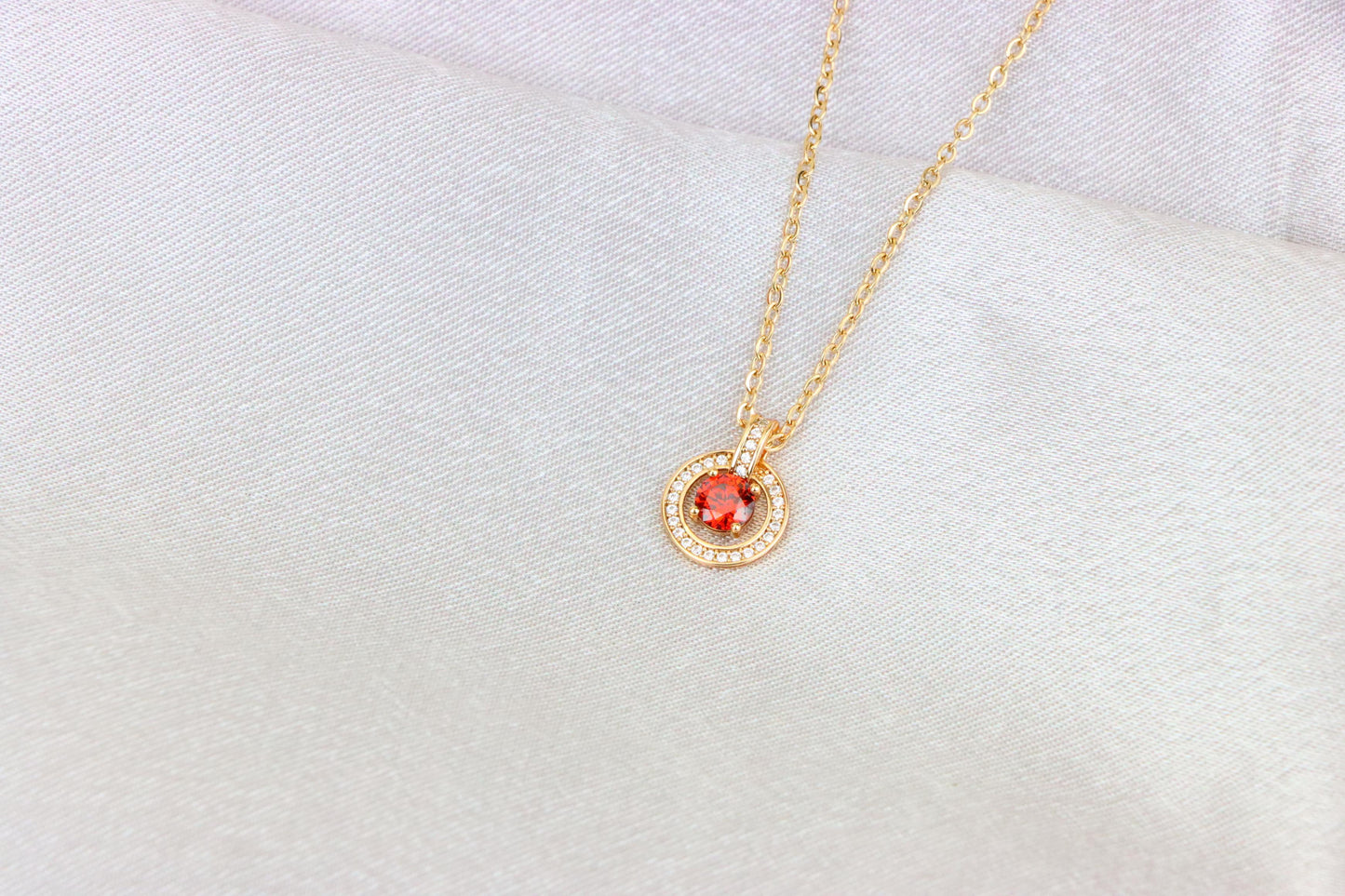 Rose Gold Circle Pendant Necklace with Red Center Stone Accent, XPNL1881 (2159-4)