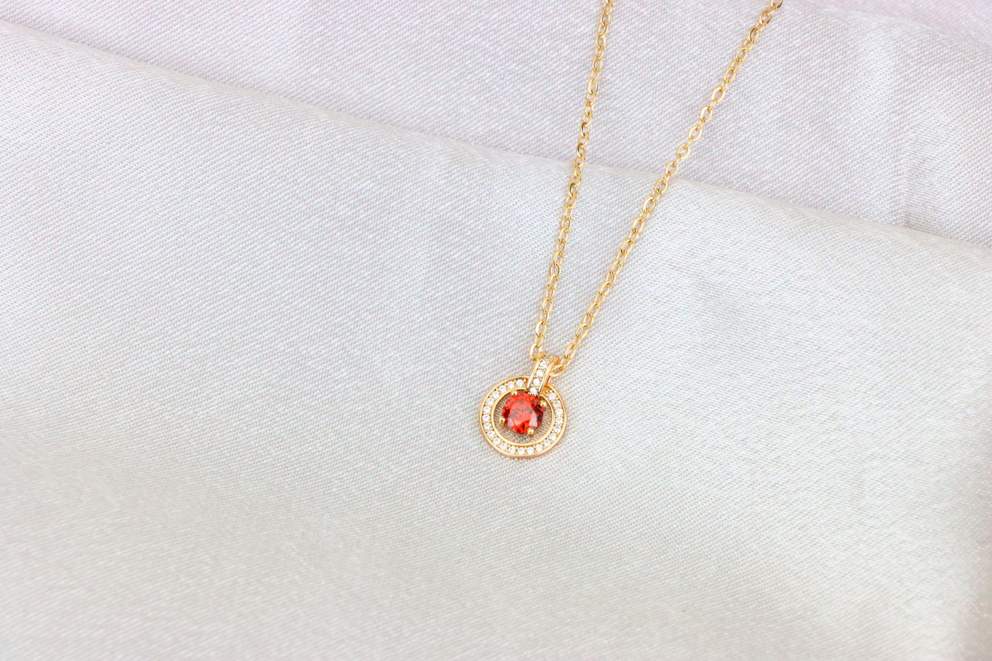 Rose Gold Circle Pendant Necklace with Red Center Stone Accent, XPNL1881 (2159-4)