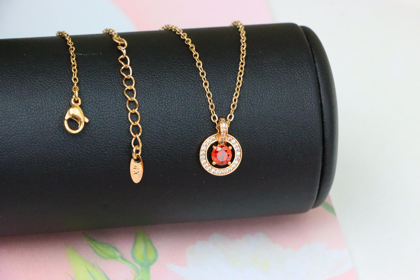 Rose Gold Circle Pendant Necklace with Red Center Stone Accent, XPNL1881 (2159-4)