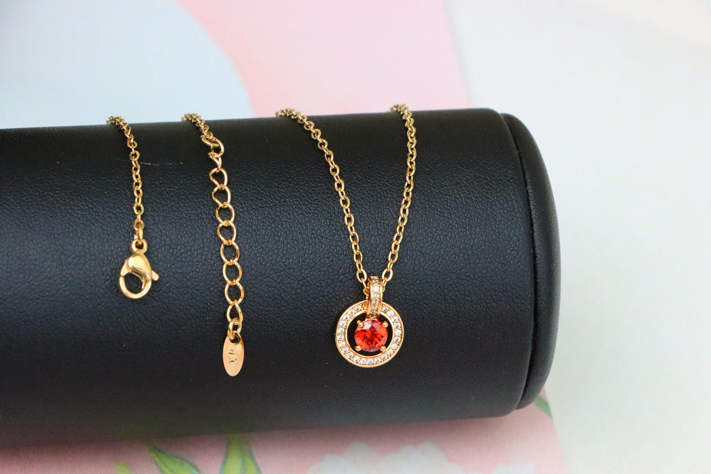Rose Gold Circle Pendant Necklace with Red Center Stone Accent, XPNL1881 (2159-4)