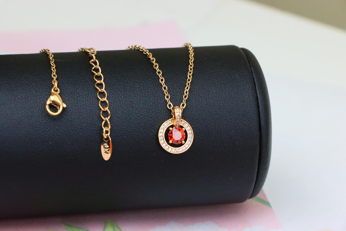 Rose Gold Circle Pendant Necklace with Red Center Stone Accent, XPNL1881 (2159-4)