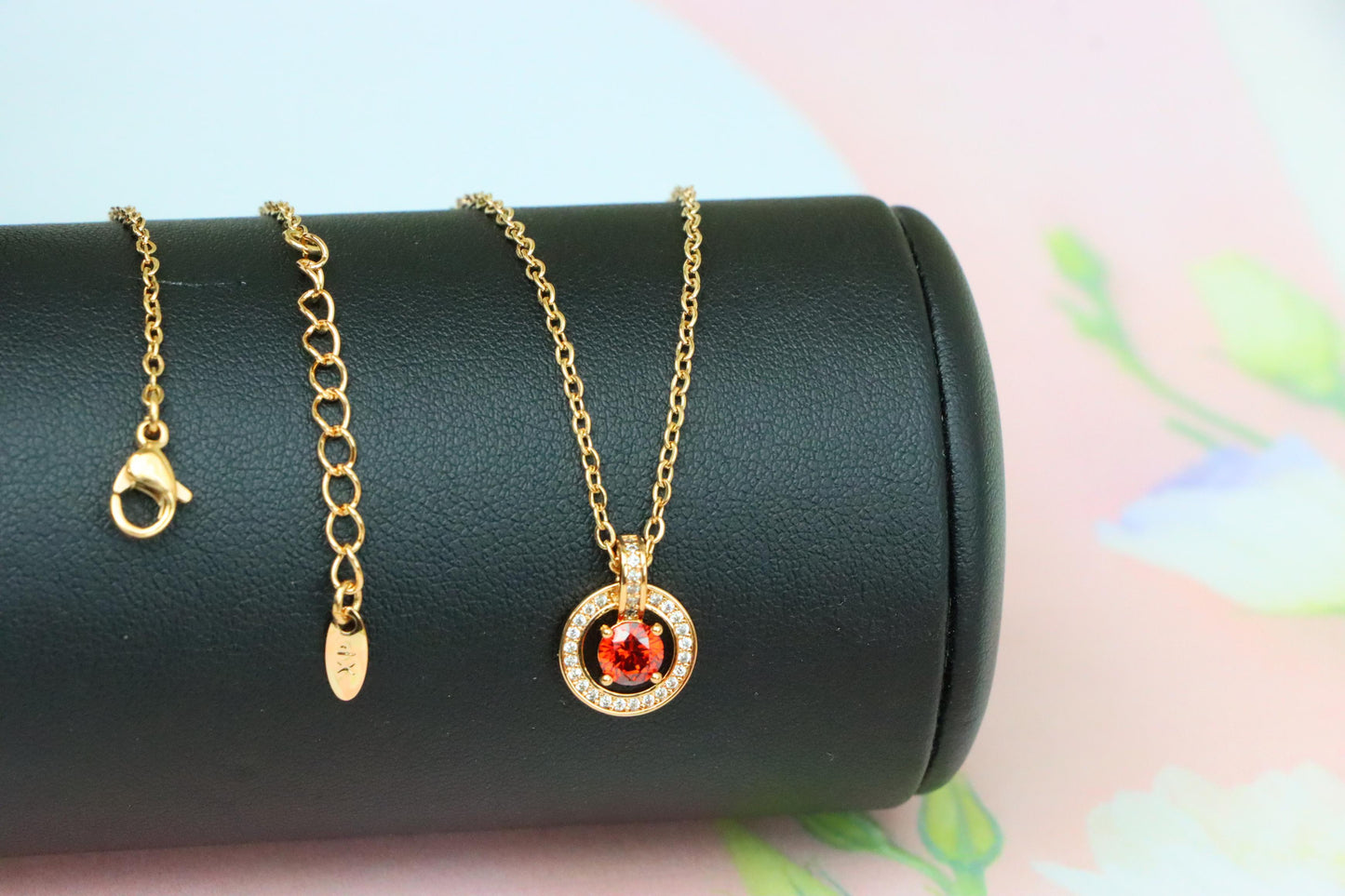 Rose Gold Circle Pendant Necklace with Red Center Stone Accent, XPNL1881 (2159-4)