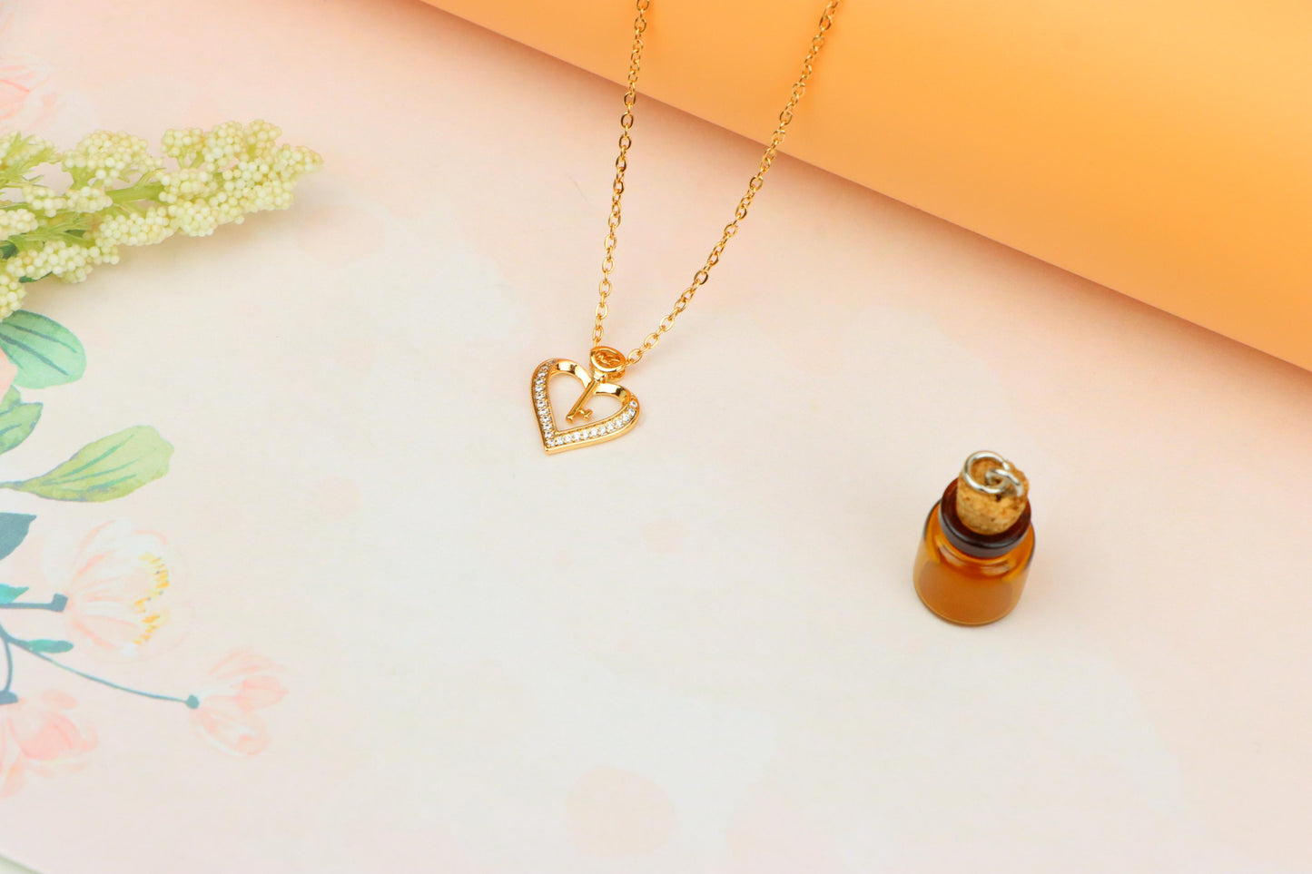 Rose Gold Heart Necklace with Key Charm and Crystal Accents, XPNL1882 (2159-5)