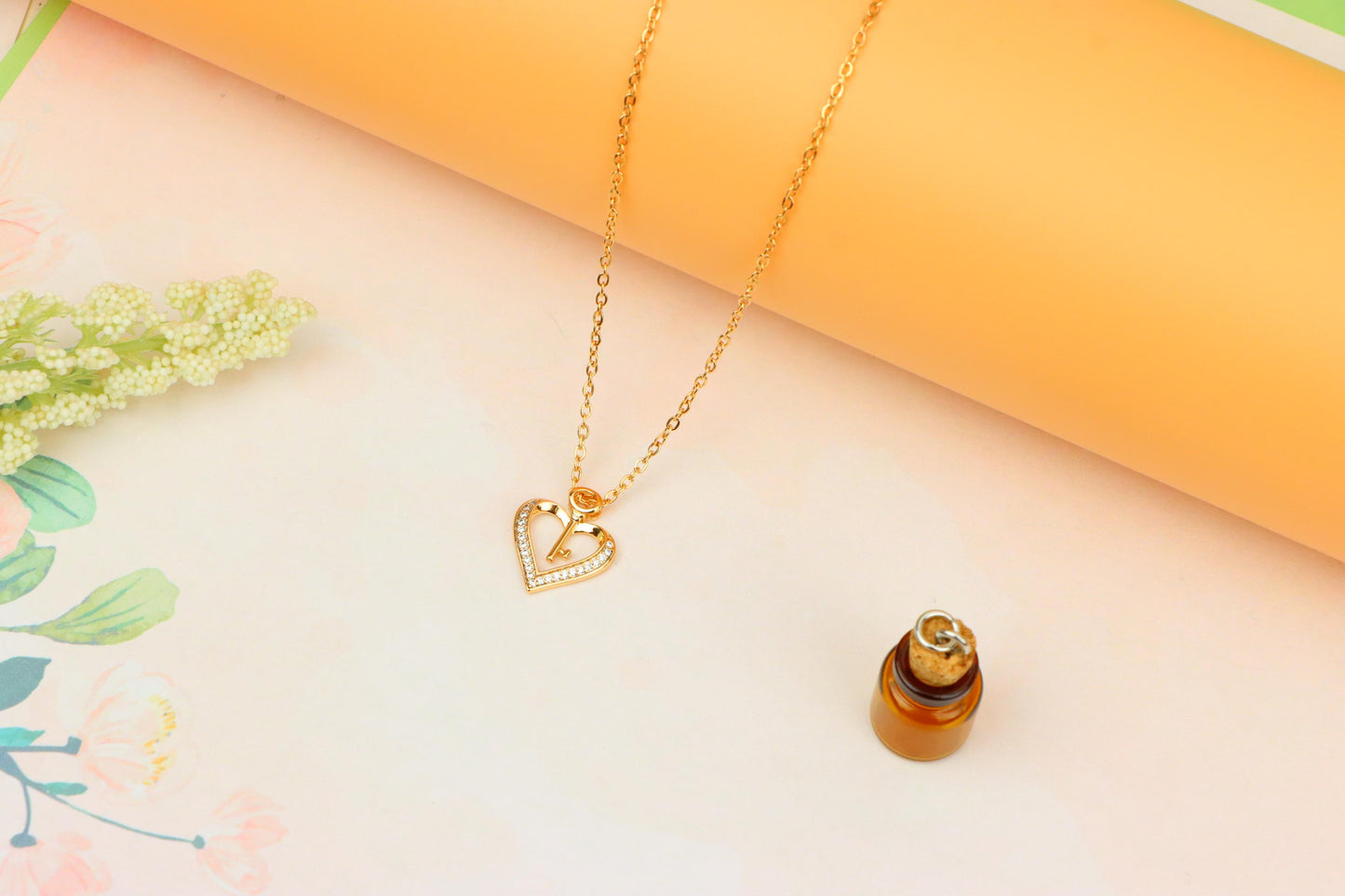 Rose Gold Heart Necklace with Key Charm and Crystal Accents, XPNL1882 (2159-5)
