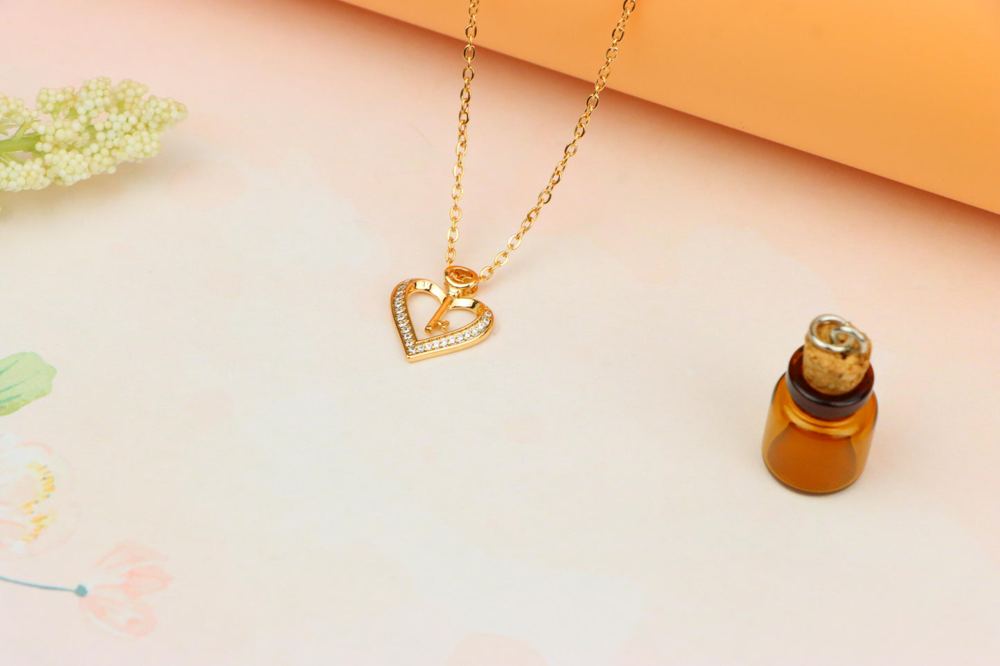 Rose Gold Heart Necklace with Key Charm and Crystal Accents, XPNL1882 (2159-5)