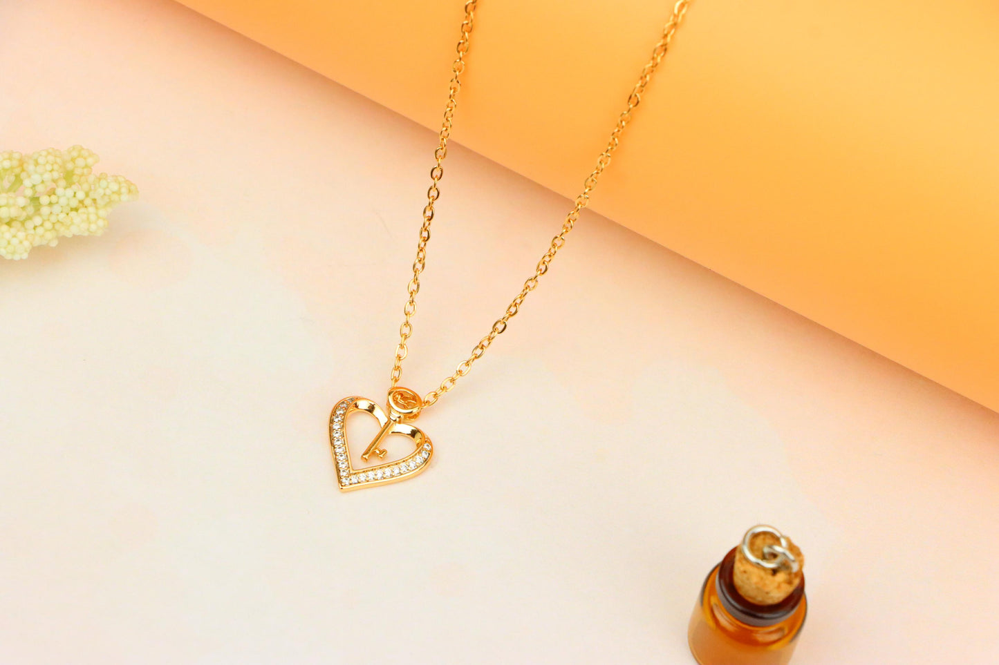 Rose Gold Heart Necklace with Key Charm and Crystal Accents, XPNL1882 (2159-5)