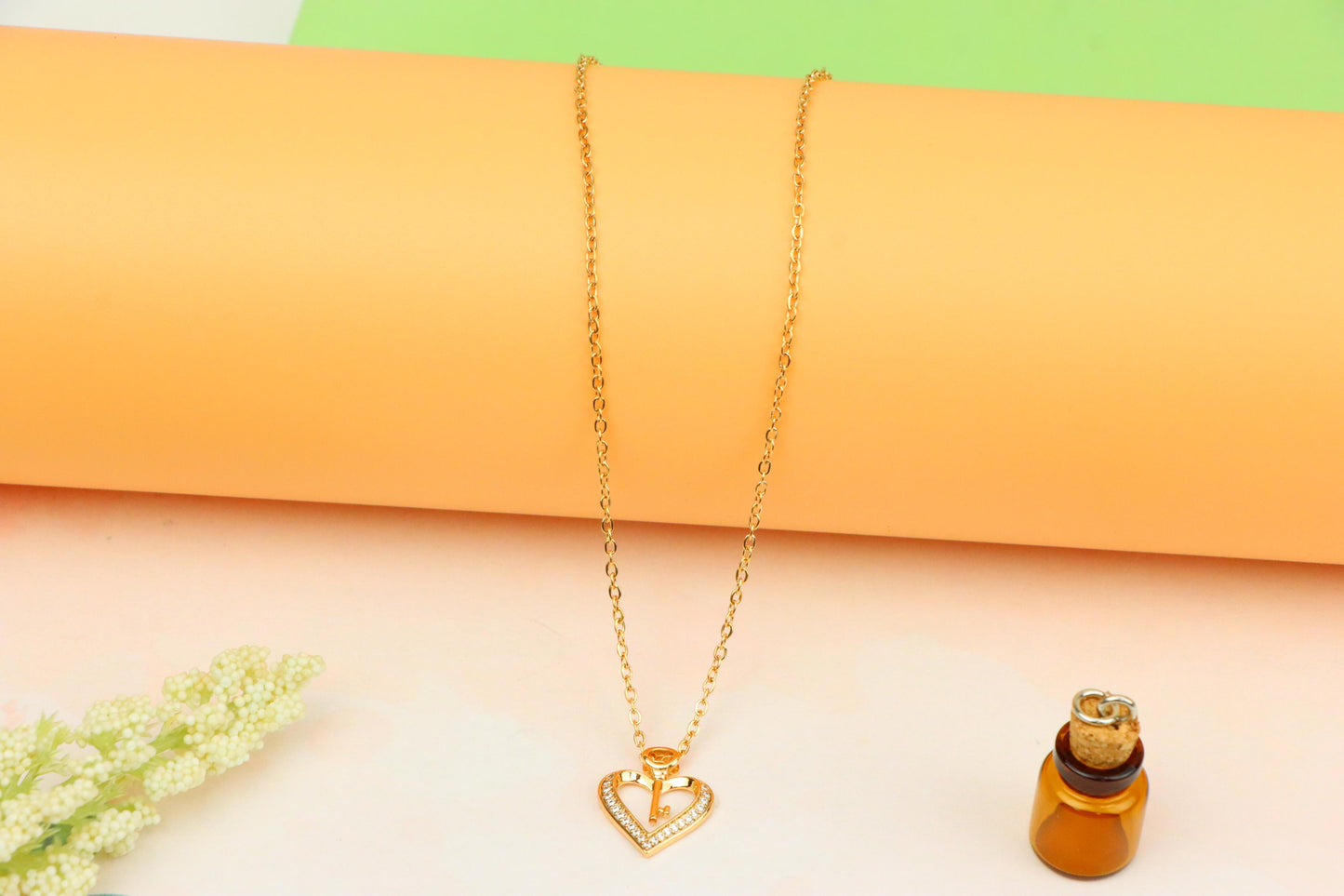 Rose Gold Heart Necklace with Key Charm and Crystal Accents, XPNL1882 (2159-5)