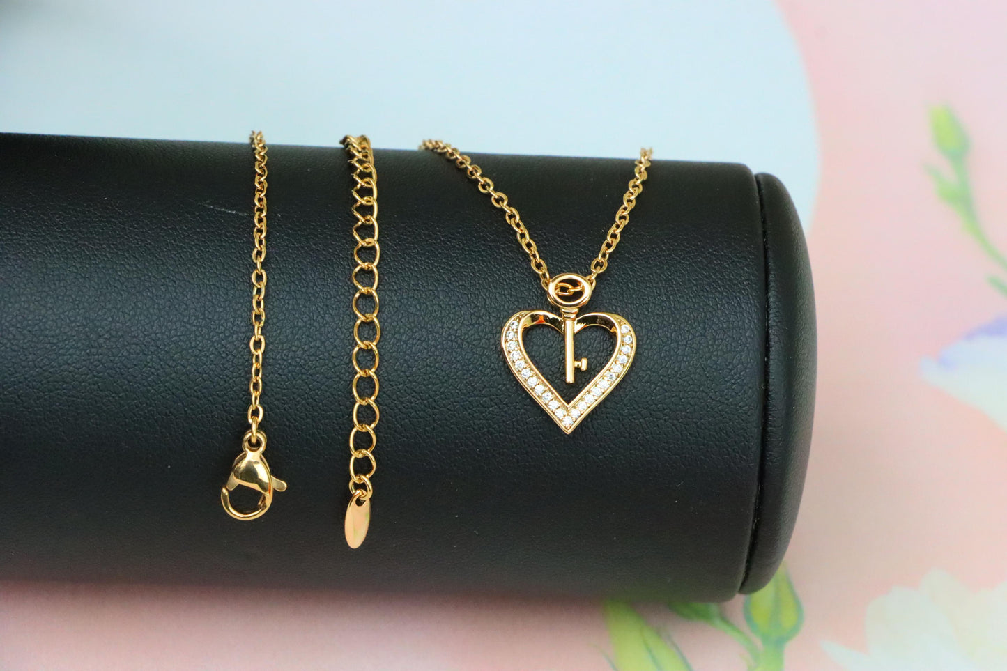 Rose Gold Heart Necklace with Key Charm and Crystal Accents, XPNL1882 (2159-5)