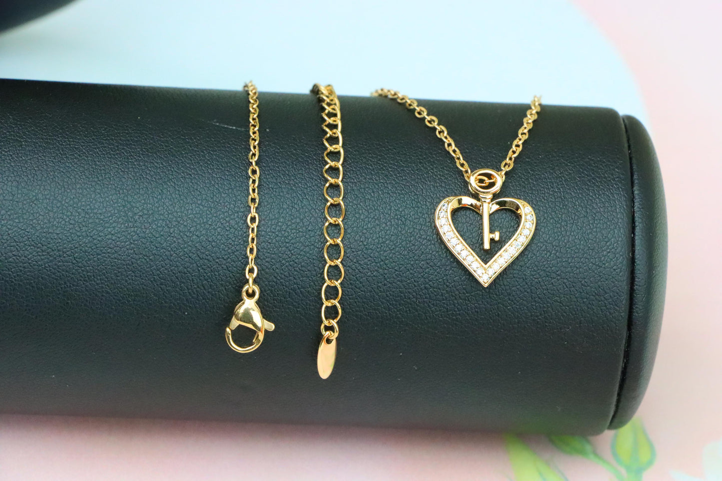 Rose Gold Heart Necklace with Key Charm and Crystal Accents, XPNL1882 (2159-5)